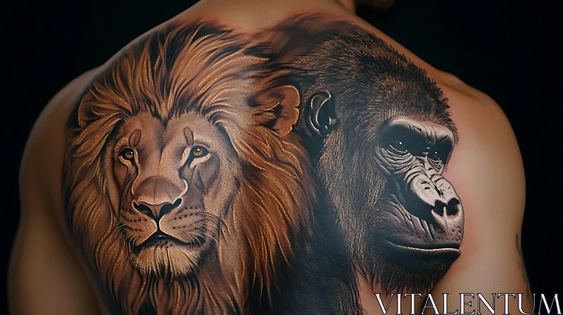 Lion and Gorilla Back Tattoo - Exquisite Body Art AI Image