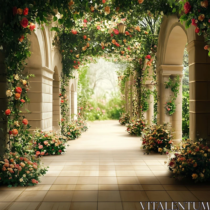 AI ART Floral Archway in Sunlit Garden