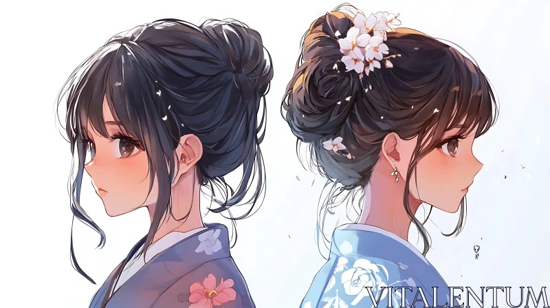 Profile of Anime Girls with Floral Kimonos AI Image