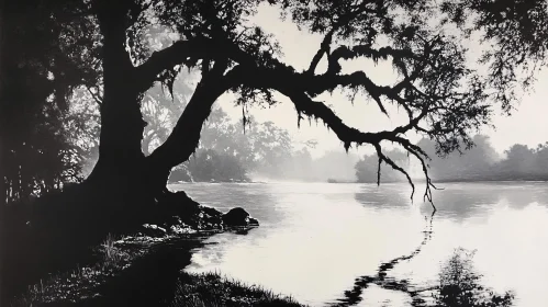 Serene River Scene in Monochrome