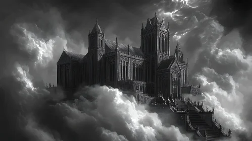 Monochrome Cathedral in Cloudy Sky