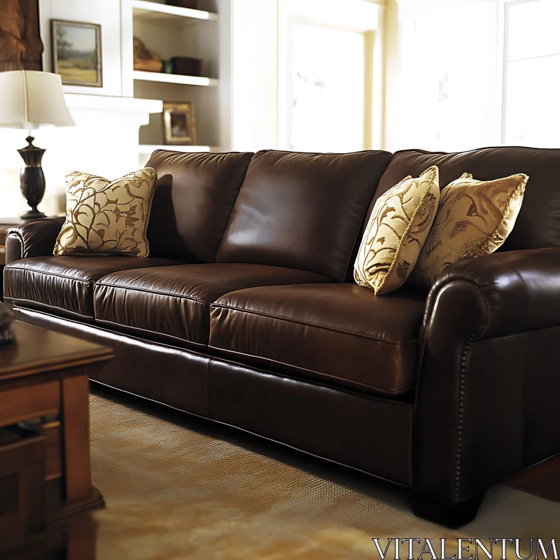 Classic Leather Couch in Cozy Living Room AI Image