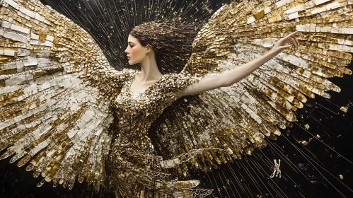 Shimmering Golden Angel on Black Canvas