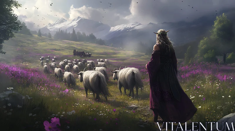 AI ART Pastoral Scene with Elf and Sheep