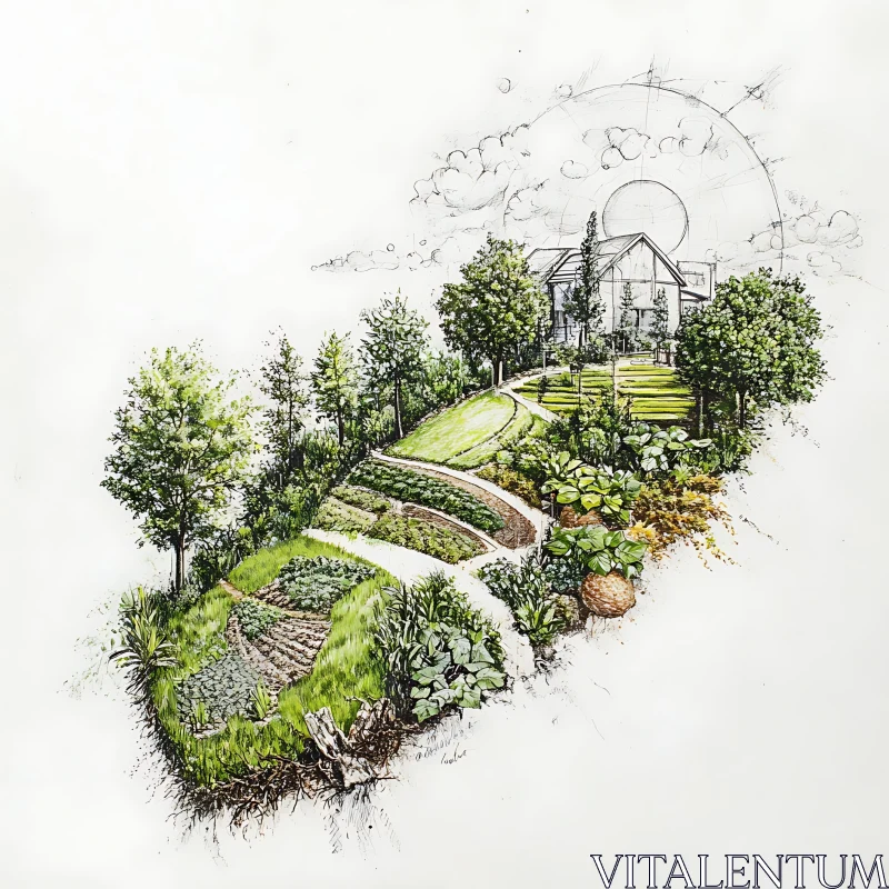 Picturesque Garden and Home Illustration AI Image