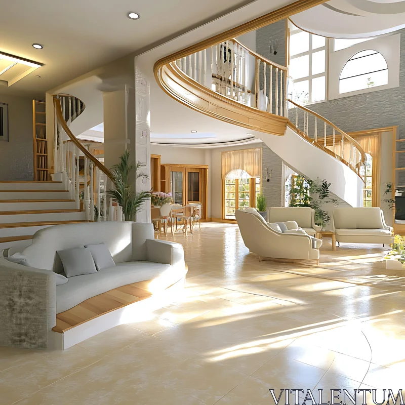 AI ART Sunlit Living Room with Curved Staircase