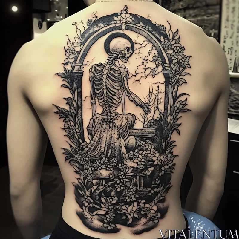 Detailed Skeleton and Floral Tattoo on Back AI Image