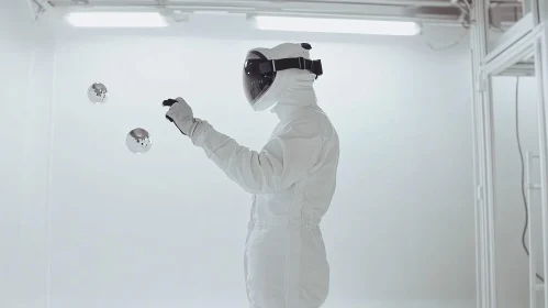 Person with VR Headset and Silver Spheres