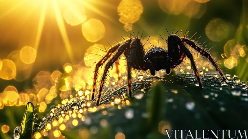 Sunlit Spider on Dewy Leaf AI Image