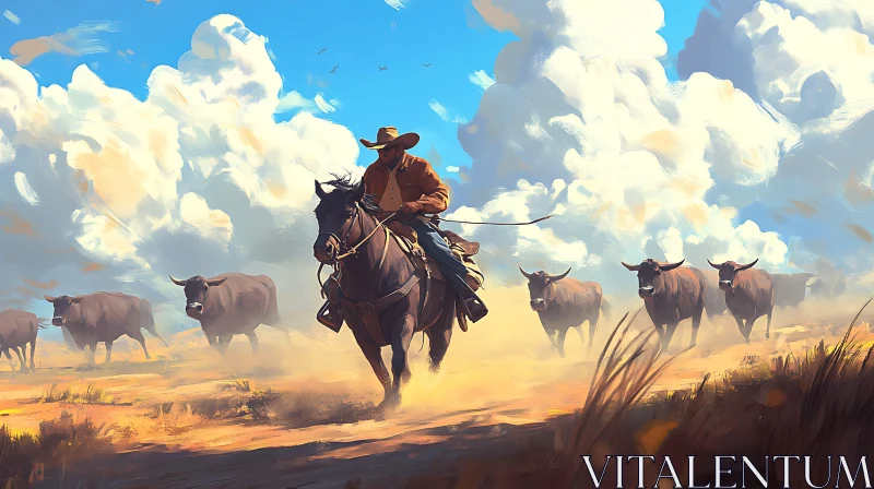 Western Cowboy and Cattle Drive Art AI Image