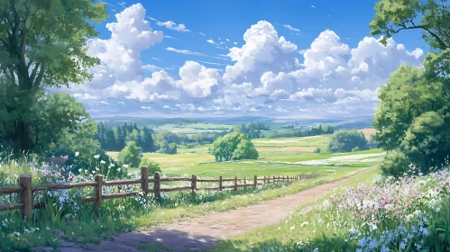 Idyllic Countryside Scene with Flowers and Path