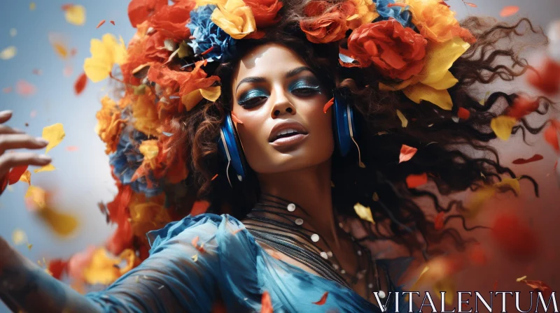 Bold Fashion Photography: Floral Adorned Woman in Orange and Azure AI Image
