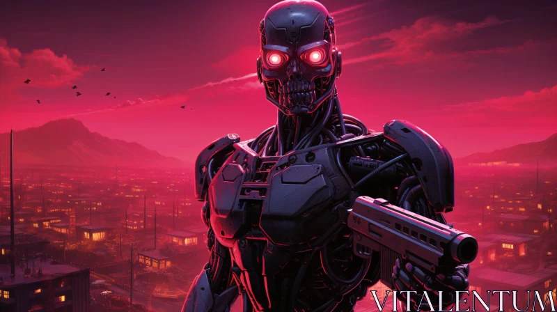 Futuristic Cyborg Under Red Sky AI Image