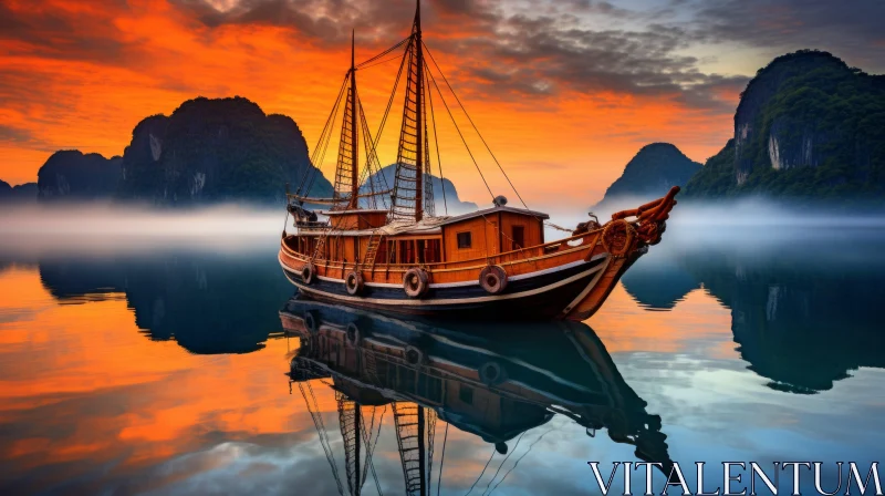 Captivating Sunset Scene: Traditional Boat Gliding in Halong Bay AI Image