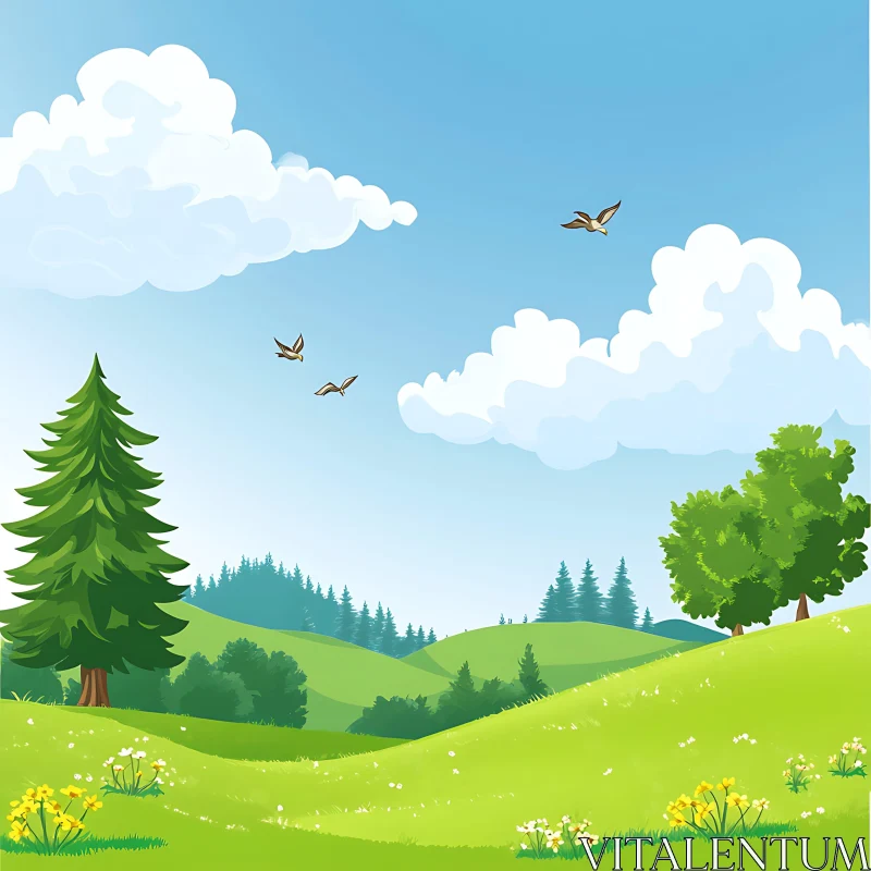 Scenic Green Hills and Blue Sky AI Image