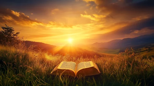 Open Book in a Field at Sunset