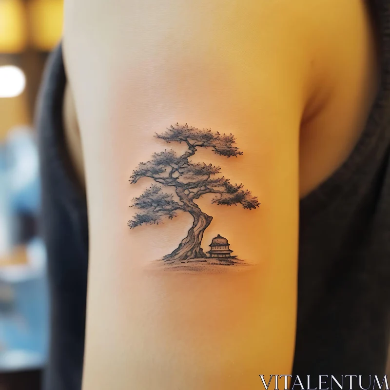 Elegant Nature Tattoo with Tree and Pagoda AI Image