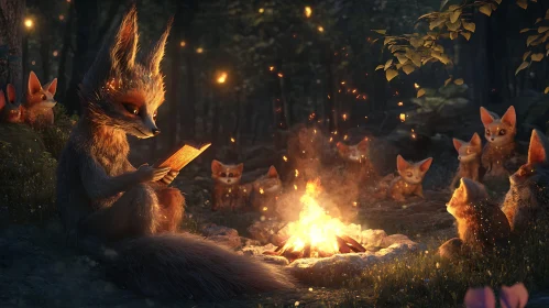 Foxes Reading Stories by the Fire