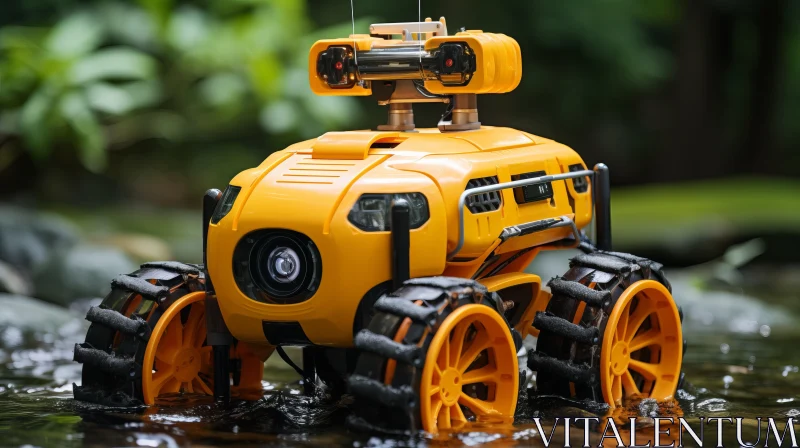 Eco-friendly Crafted Yellow Robotic Toy Vehicle on River AI Image