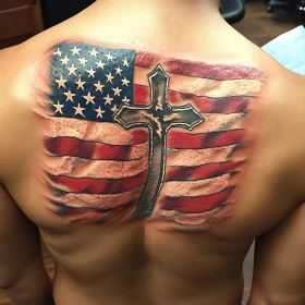 Stunning Patriotic Back Tattoo with Flag and Cross