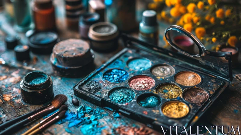 Messy Makeup Table: Close-Up of Various Makeup Products AI Image