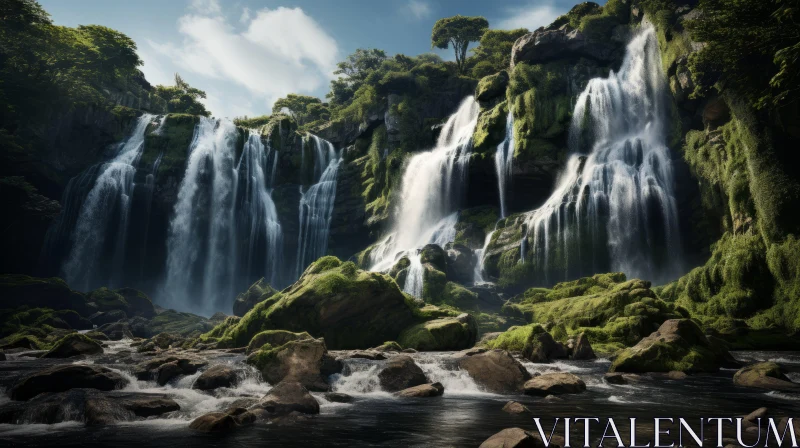 Mossy Mountain Waterfall: An Atmospheric Dreamlike Landscape AI Image