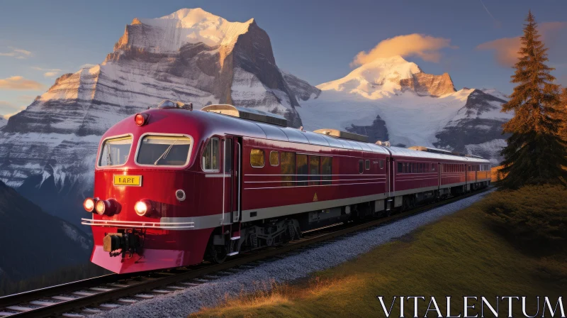 Red Passenger Train Rolling Down the Tracks - Captivating Mountain View AI Image