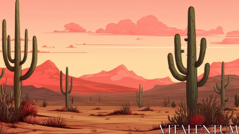 Southwestern Desert Landscape with Saguaro Cactuses and Sunset AI Image