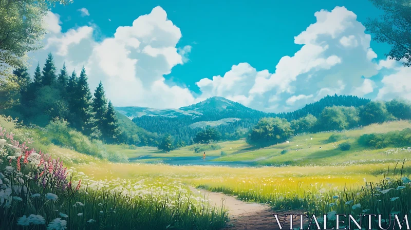 AI ART Scenic Mountain Meadow with Pond View