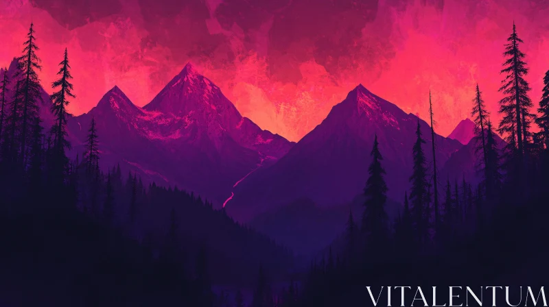 Dramatic Mountain Sunset with Forest Silhouettes AI Image