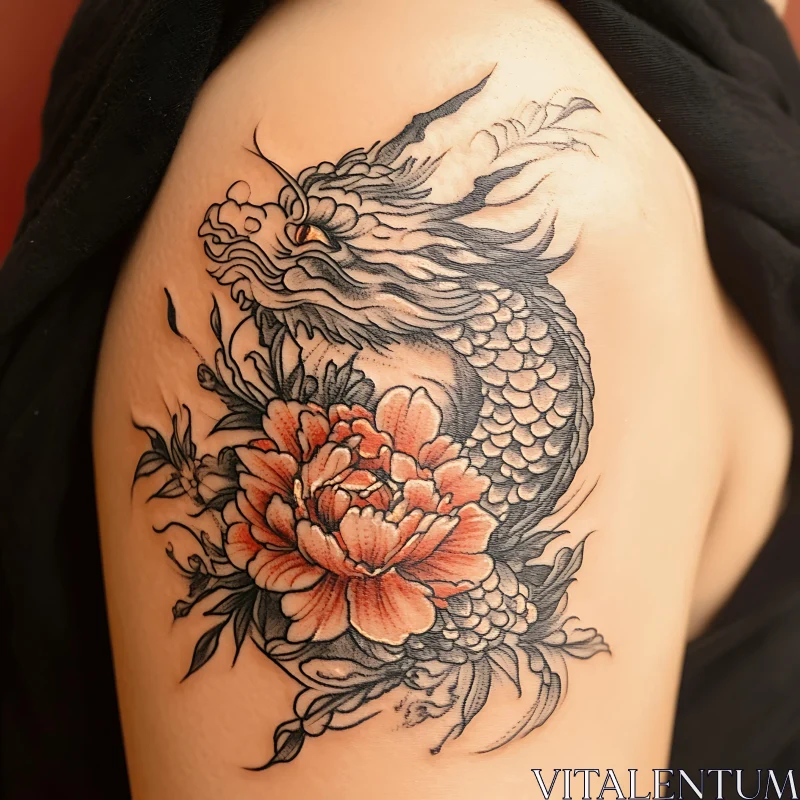 Mythical Dragon with Blooming Flower Tattoo AI Image