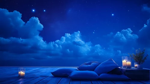 Blue Night Serenity with Pillows and Candles