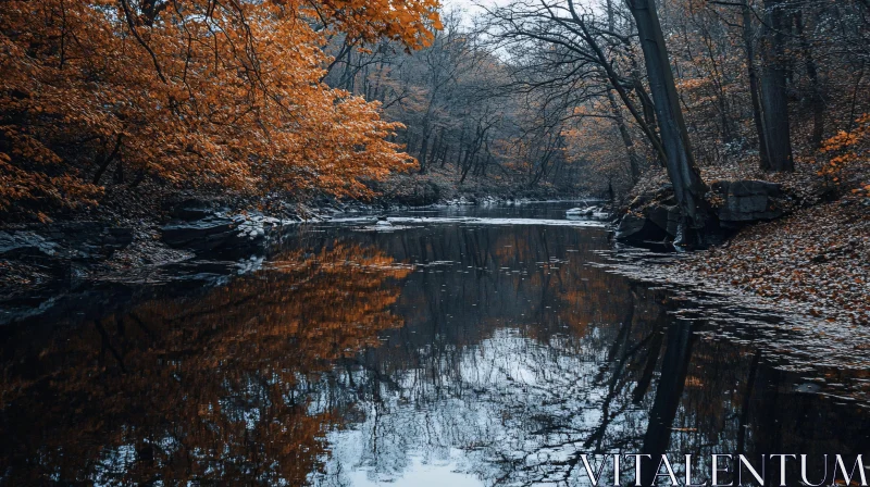 Tranquil Autumn River Scene in Forest AI Image