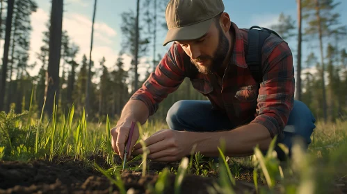 Man Planting Seedlings in Field