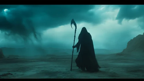 Cloaked Figure with Scythe in Teal Landscape