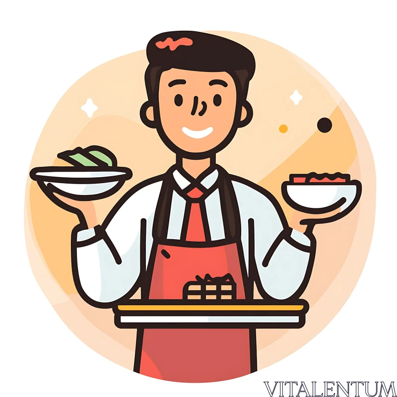 Happy Waiter with Food Plates AI Image