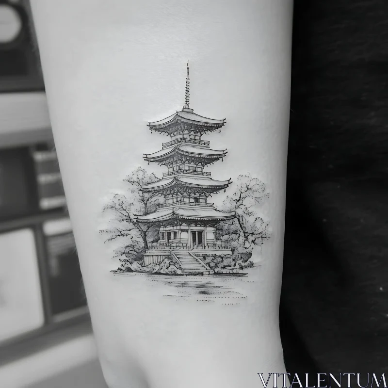 AI ART Detailed Traditional Pagoda Tattoo