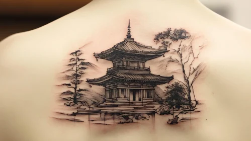 Detailed Oriental Pagoda Tattoo with Tree Elements