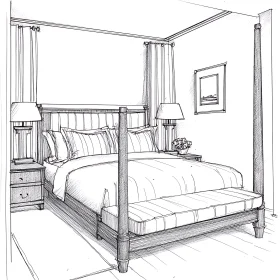 Bedroom Interior Sketch with Four-Poster Bed