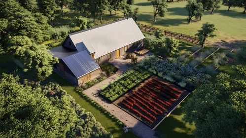 Aerial View of Farmhouse and Gardens