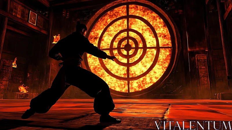 AI ART Silhouette of Warrior in Fiery Dojo