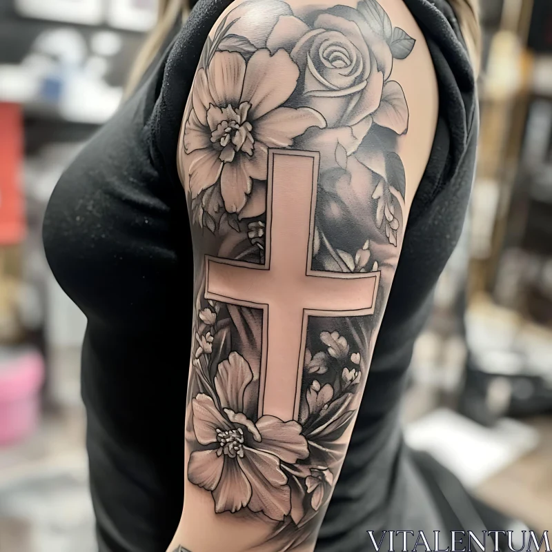 Intricate Black and Grey Floral Cross Tattoo AI Image