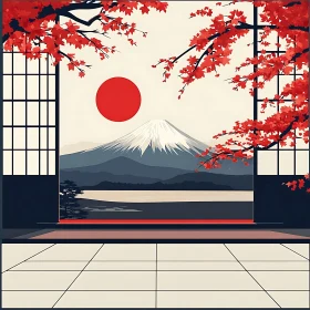 Fuji Window View with Red Sun