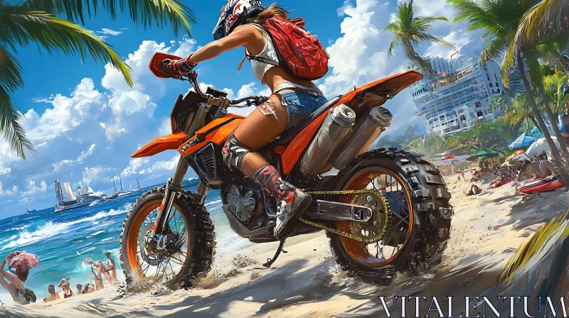 Woman Riding Motorcycle on Sandy Beach AI Image