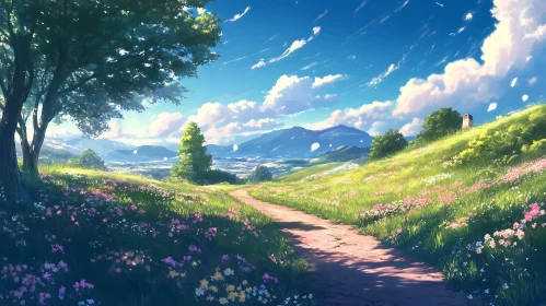 Floral Meadow Path Under Blue Sky