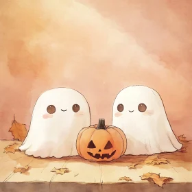 Cute Halloween Ghosts Watercolor Painting