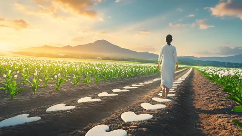 Woman's Journey Through Floral Heartscape