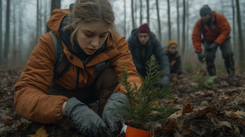 Volunteers Planting Saplings in Autumn Forest