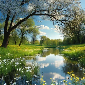 Tranquil River Scene with Blooming Flowers