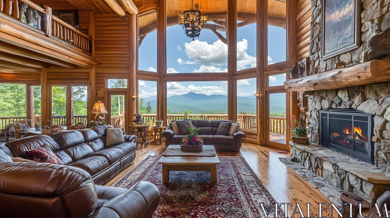 Cozy Cabin Interior with Stone Fireplace AI Image